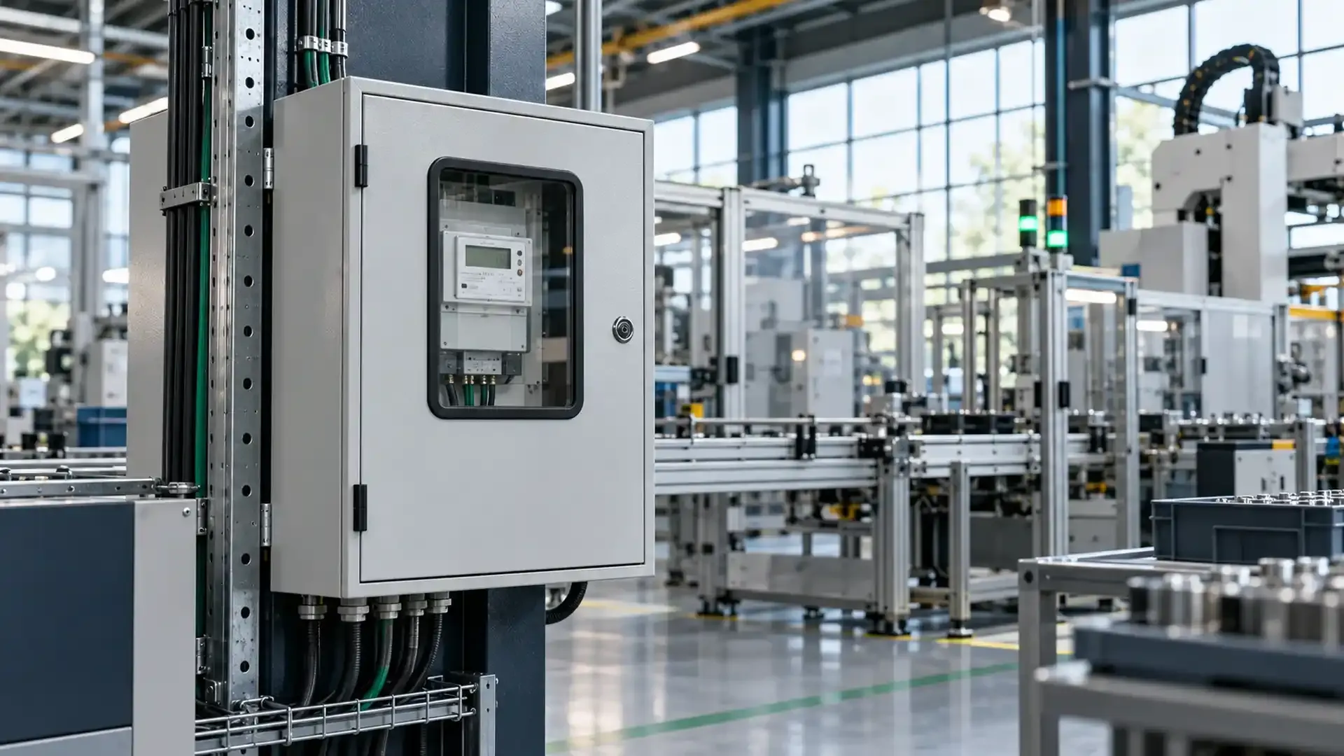 Moderne Produktionshalle mit geschlossenem Energiemessschrank im Vordergrund