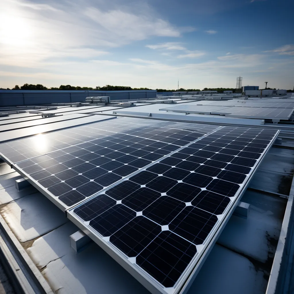 A close-up of solar panels on a commercial building roof, photo